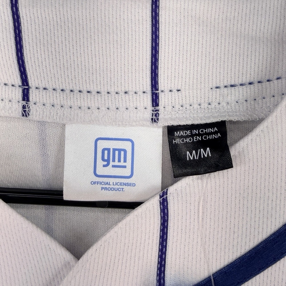 GM Chevrolet Chevy Baseball Jersey Mens Medium White Blue Pinstripe Button - Picture 11 of 15